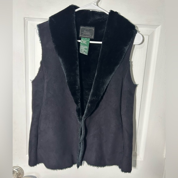 Ralph Lauren Black Label Faux Suede & Fur Collared Black Vest Size Small RL vest - Picture 1 of 11
